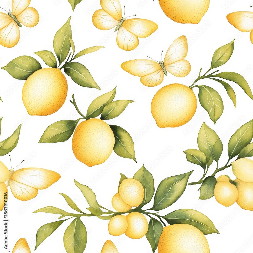 seamless pattern with Lemon Orchard with Butterflies seamless pattern with Lemon Orchard with Butterflies