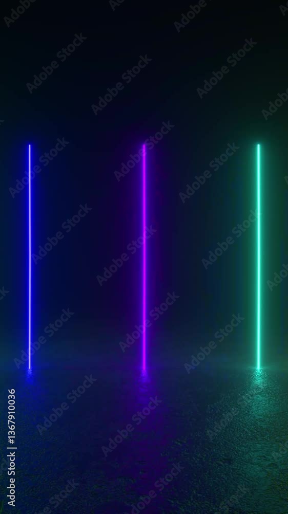 4K group of neon sticks glowing on a concrete floor, futuristic and sci-fi atmosphere. Vertical glowing lines, ultraviolet spectrum, neon lights, laser show, virtual reality. 3d animation loop 4K group of neon sticks glowing on a concrete floor, futuristic and sci-fi atmosphere. Vertical glowing lines, ultraviolet spectrum, neon lights, laser show, virtual reality. 3d animation loop