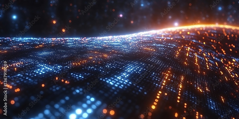 An abstract digital landscape with glowing blue and orange lights An abstract digital landscape with glowing blue and orange lights