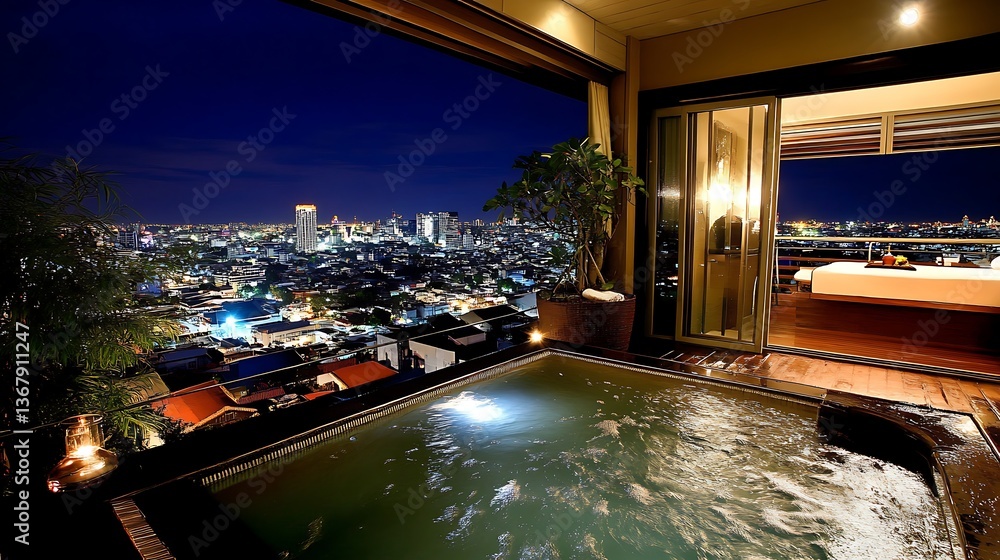 Fototapeta premium Luxury Rooftop Suite with Private Hot Tub and Stunning City Nightscape