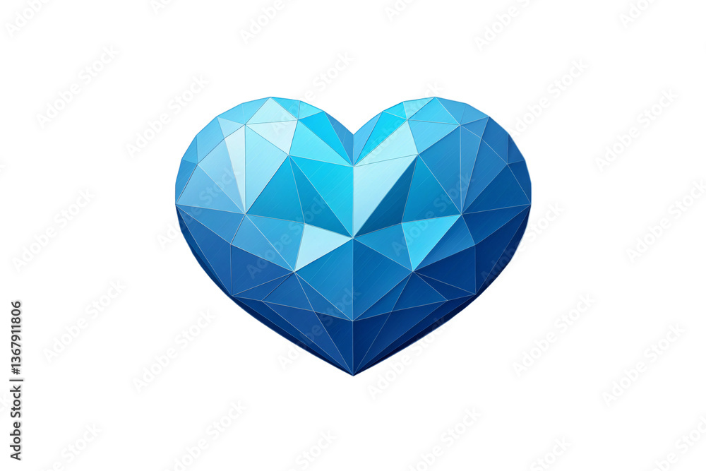 A faceted blue heart, slightly brighter, with symmetrical triangular cuts. The surface shines like polished metal, giving off a sense of calm and modern elegance, isolated on a transparent background A faceted blue heart, slightly brighter, with symmetrical triangular cuts. The surface shines like polished metal, giving off a sense of calm and modern elegance, isolated on a transparent background