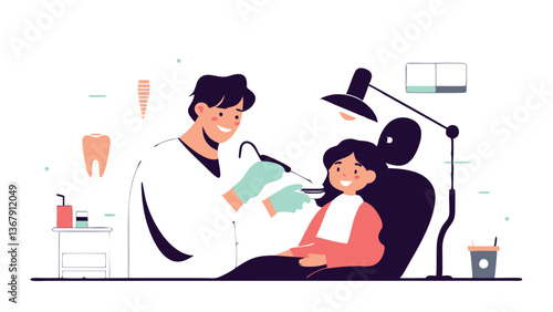 A male dentist examines a little girl's teeth in a modern clinic. The child listens to the doctor with interest and trust, sitting in the dentist's chair.