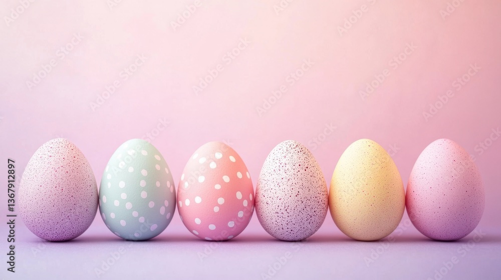 A beautifully arranged row of polka-dotted eggs on a soft pink and purple gradient background A beautifully arranged row of polka-dotted eggs on a soft pink and purple gradient background