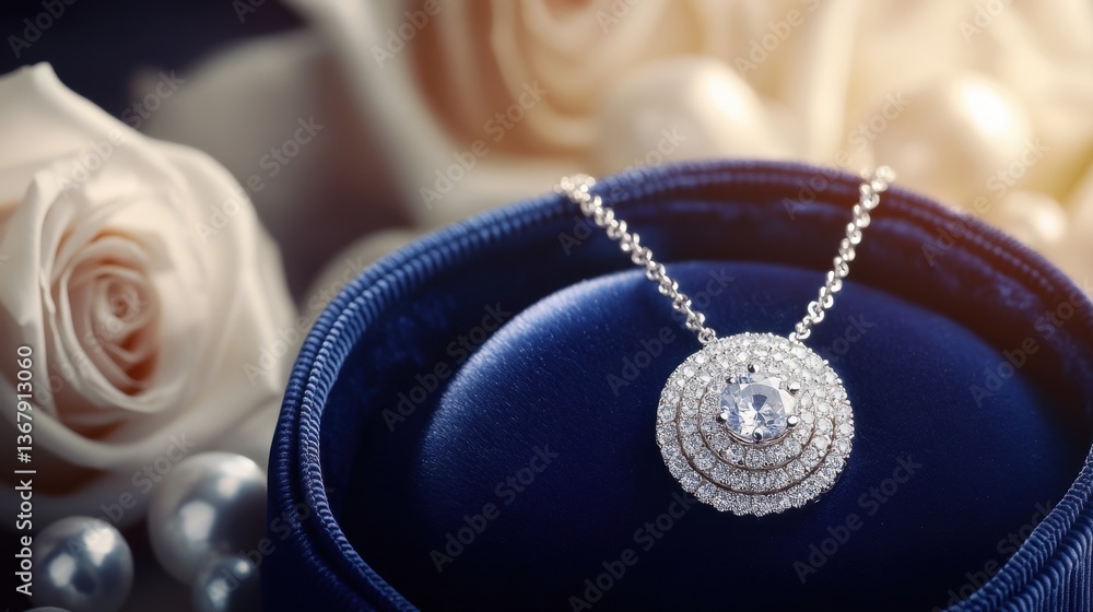 Obraz premium A beautifully designed diamond necklace inside a royal blue velvet box, placed on a glossy pearl-white background