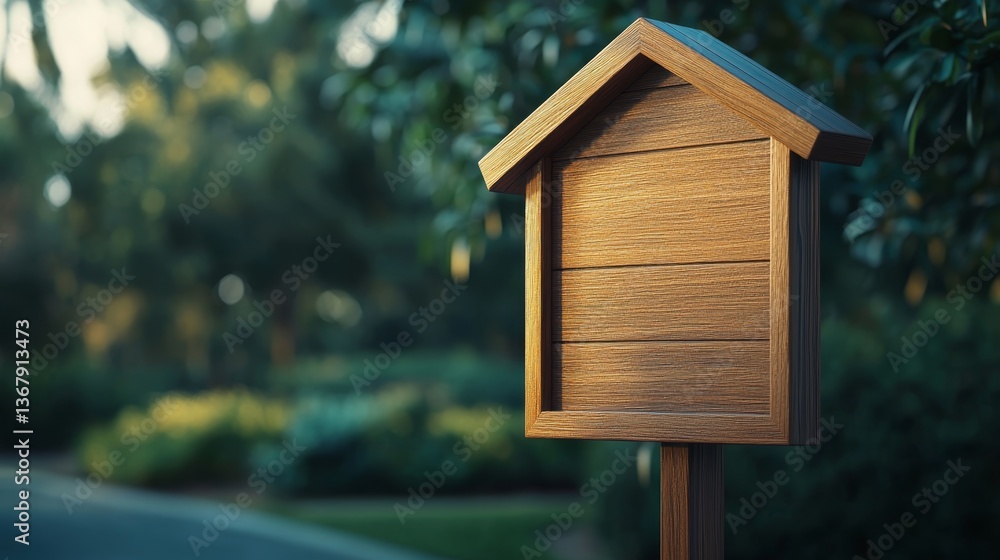 Naklejka premium Neighborly Sustainability, Charming Wooden Mailbox Against Lush Greenery in a Peaceful Neighborhood Setting