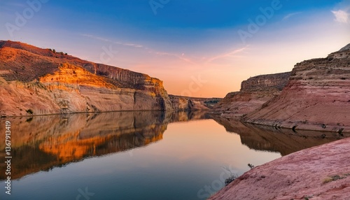 Breathtaking canyon view at sunset with vibrant colors reflecting on water 