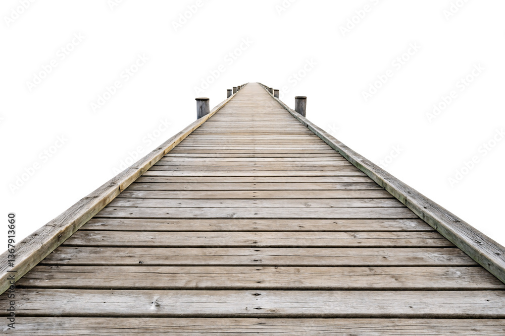 Fototapeta premium A symmetrical wooden boardwalk stretches forward, flanked by evenly spaced wooden posts. The texture of the planks is visible, leading towards an unseen destination, isolated on transparent background