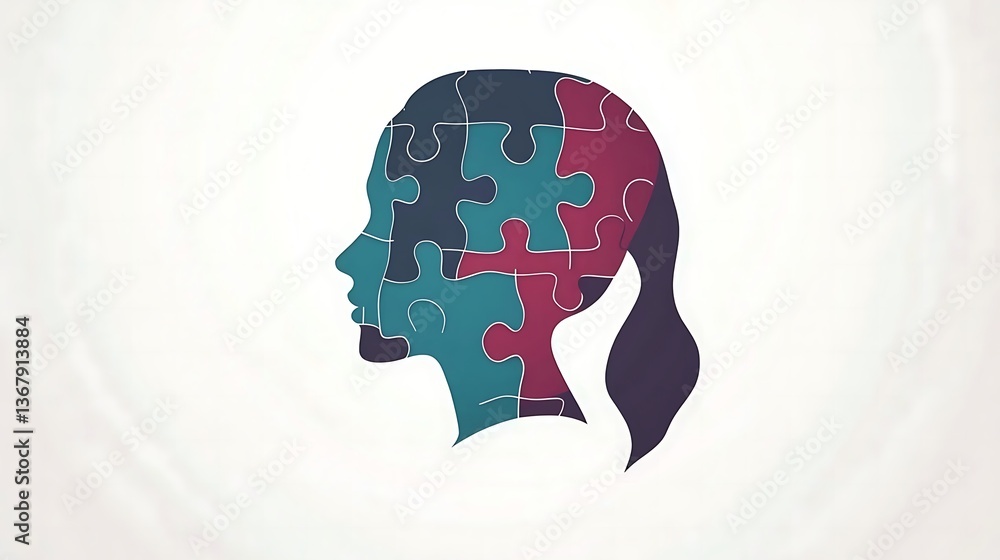 Female head silhouette with a jigsaw puzzle brain Female head silhouette with a jigsaw puzzle brain