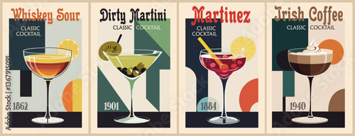 Cocktails retro poster set. Whiskey Sour, Dirty Martini, Martinez, Irish Coffee. Collection of popular alcohol drinks. Vintage style vector illustrations, bar, pub, restaurant, kitchen wall art print