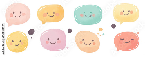 Hand-drawn, cute cartoon speech bubbles with smiling faces, isolated on a white background, png