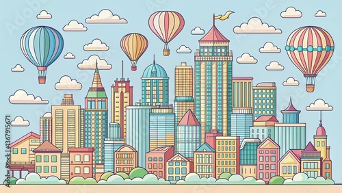 Outlined Cityscape with Hot Air Balloons - Cloudy Sky Illustration