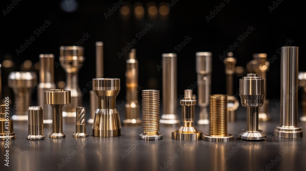 A close-up of CNC machine parts in polished steel, displayed against a pitch-black factory backdrop A close-up of CNC machine parts in polished steel, displayed against a pitch-black factory backdrop