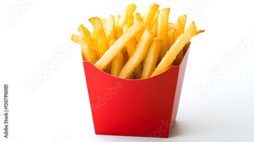 Crispy French Fries in a Red Paper Container on a White Background
