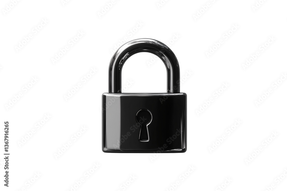 Polished chrome padlock with a clean, symmetric design and prominent keyhole. Highly reflective finish suggests modern security and simplicity in everyday use, isolated on a transparent background Polished chrome padlock with a clean, symmetric design and prominent keyhole. Highly reflective finish suggests modern security and simplicity in everyday use, isolated on a transparent background