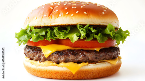 Classic Cheeseburger with Lettuce, Tomato, and Cheese on a White Background