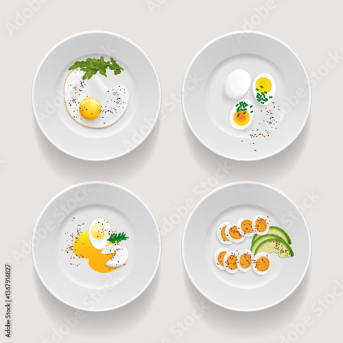 Eggs served on white plates