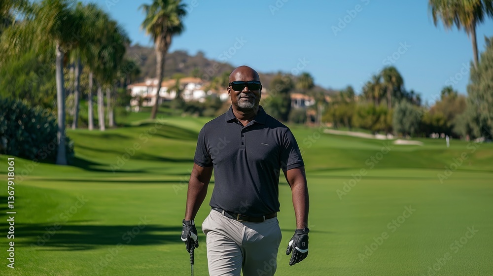 Obraz premium Dressed in sharp golf attire, a man strolls down a vibrant golf course. Sunlight bathes the landscape, showcasing lush fairways and palm trees swaying gently in the breeze