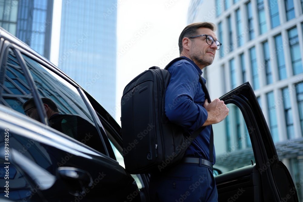Businessman Standing by Car in Urban City Environment