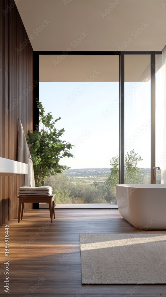 Luxurious bathroom interior with modern design and expansive view in a serene landscape during daylight hours Luxurious bathroom interior with modern design and expansive view in a serene landscape during daylight hours