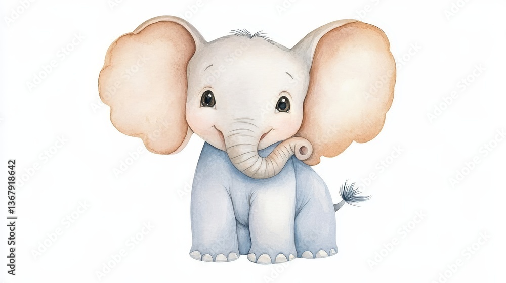 Watercolor illustration of a playful baby elephant wearing a blue shirt in a whimsical and joyful setting Watercolor illustration of a playful baby elephant wearing a blue shirt in a whimsical and joyful setting