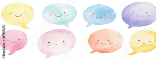 Hand-drawn, cute cartoon speech bubbles with smiling faces, isolated on a white background, png