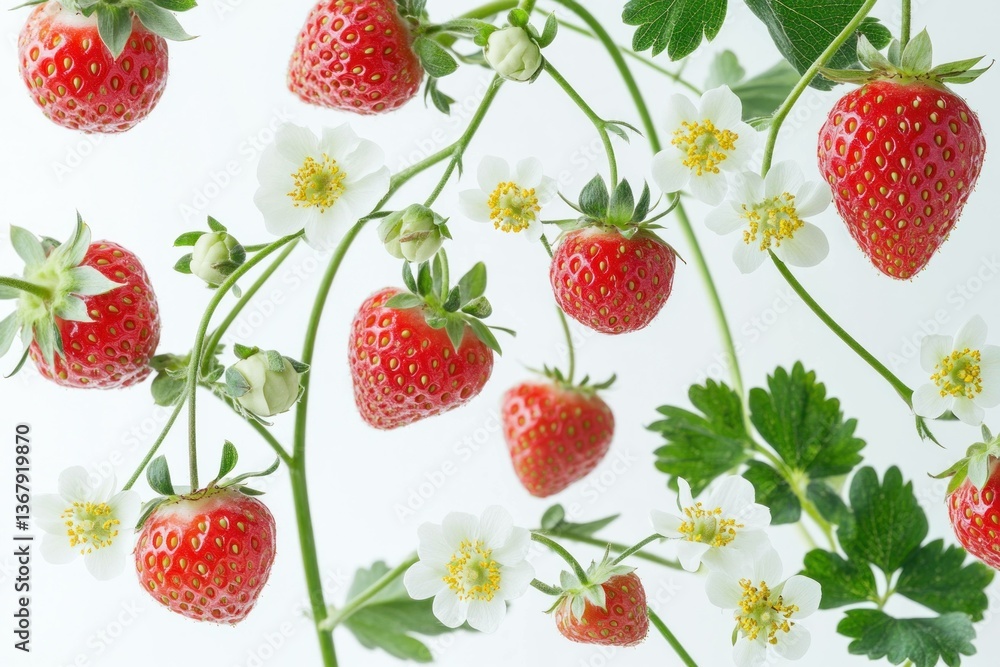 Fresh strawberries and blossoms against a clean white background, showcasing vibrant red berries and delicate white flowers for healthy eating concepts Fresh strawberries and blossoms against a clean white background, showcasing vibrant red berries and delicate white flowers for healthy eating concepts