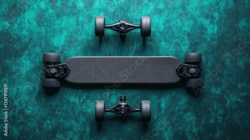 A high-performance longboard with carbon fiber texture on a rich emerald green background
