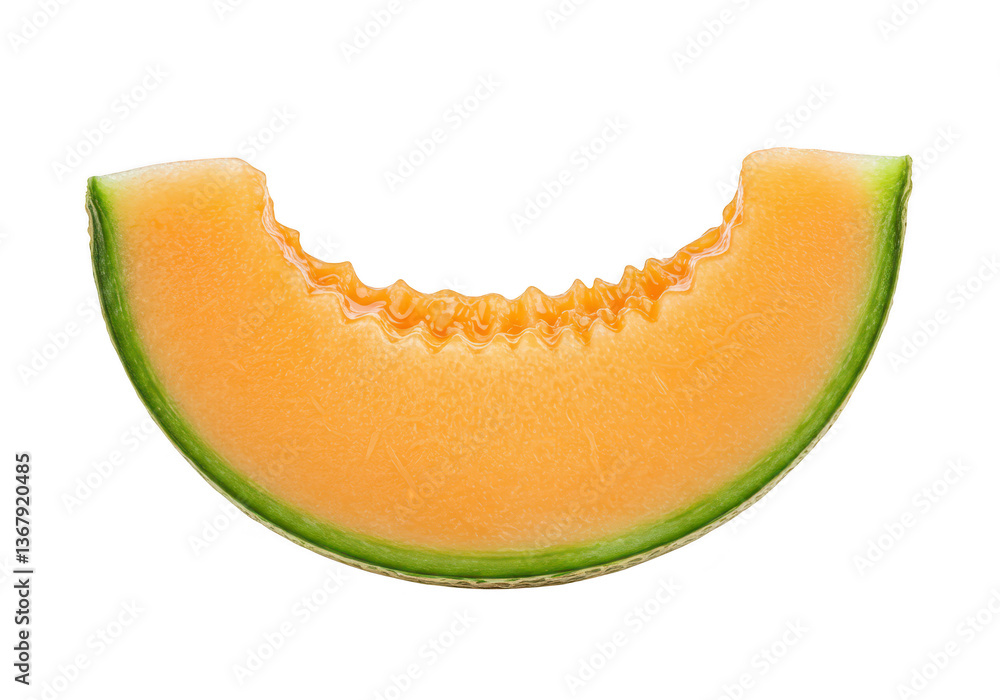 A slice of ripe cantaloupe melon with a green rind and orange flesh isolated on transparent background