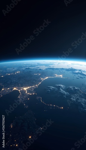 Future World Concept with Global Data Transfer and an Illuminated Earth from Outer Space