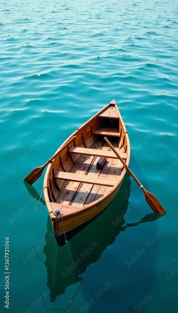 A basic wooden rowboat with oars drifting on calm blue water, calm, wooden A basic wooden rowboat with oars drifting on calm blue water, calm, wooden