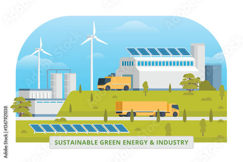 Sustainable Green Energy & Industry Vector Illustration with Hydropower Dam, Solar Panels, and Wind Turbines. Fully Editable and Modular Elements.