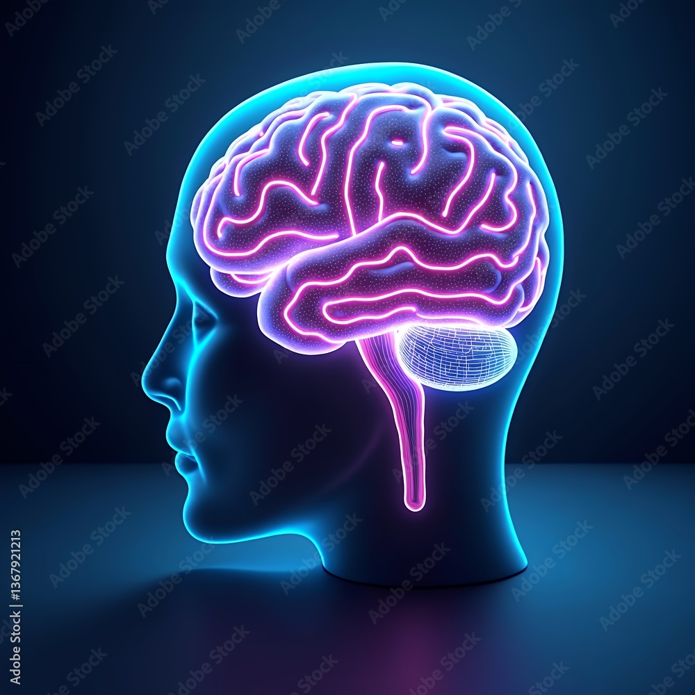 Obraz premium Human Brain Mind Head Silhouette Profile Neon Glowing Colorful Anatomy Science Medicine Neurology Psychology Mental Health