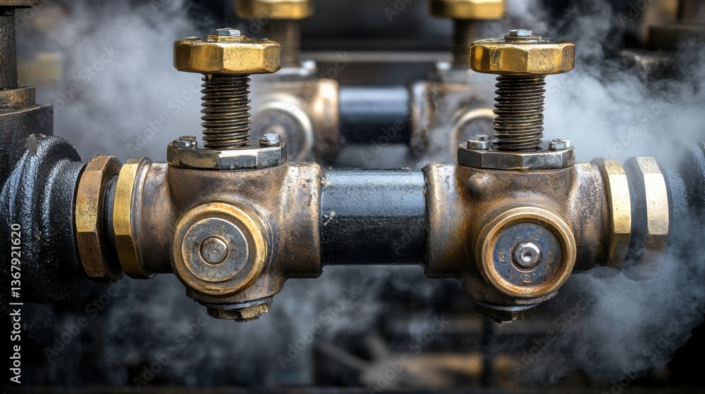 A mechanical valve with intricate bolts, highlighted on a black factory background with steam A mechanical valve with intricate bolts, highlighted on a black factory background with steam