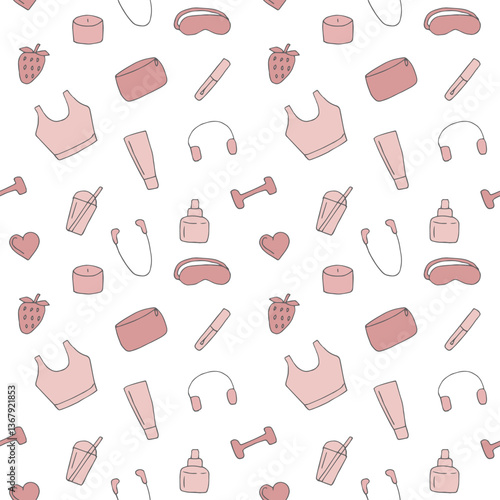 Pink pilates princess seamless pattern, hand drawing, vector illustration