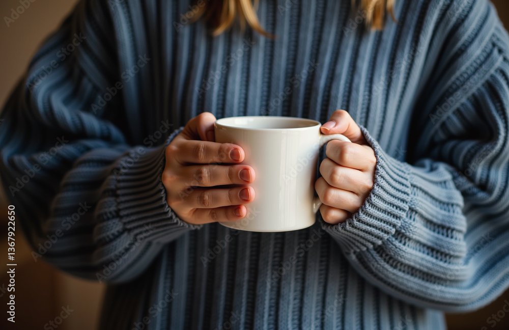 Hands holding white mug, cozy sweater, warm and intimate lighting Hands holding white mug, cozy sweater, warm and intimate lighting