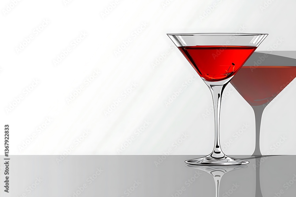 A Single Martini Glass with Red Cocktail on a Grey Surface. The elegant glass casts a shadow, creating a sophisticated visual. A Single Martini Glass with Red Cocktail on a Grey Surface. The elegant glass casts a shadow, creating a sophisticated visual.