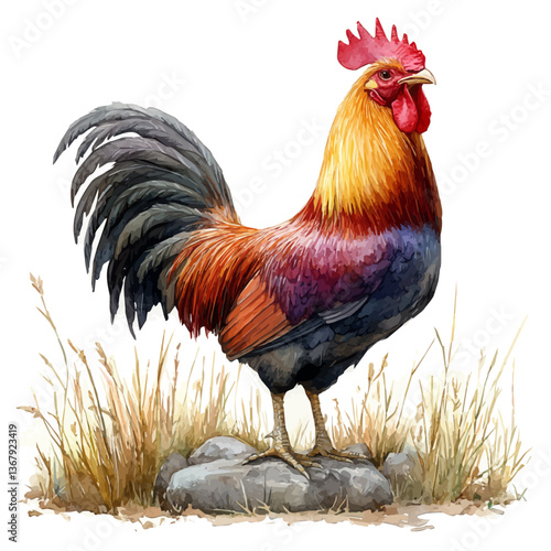 A watercolor of a rooster, isolated on a white background. Rooster vector.

