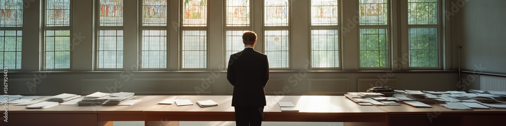 Fototapeta premium Male professional in sunlit office reviewing documents