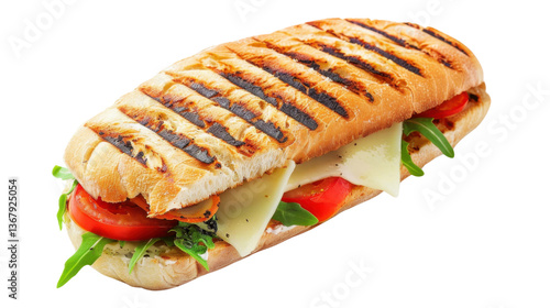 Delicious grilled sandwich with cheese, tomatoes, and arugula on transparent background