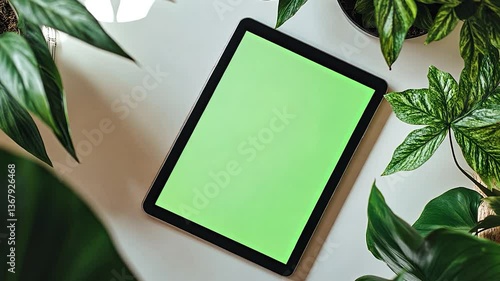 Top view of computer with green screen on the white table. Chroma key