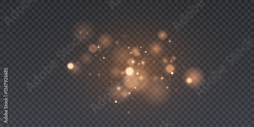 Golden glitter particles with bokeh effect and soft shimmering glitter glow on a transparent background.