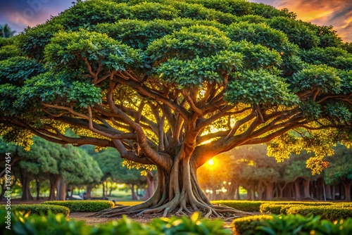 Panoramic Ficus Gameleira Tree, Lush Foliage, Bokeh Background, Brazilian Nature