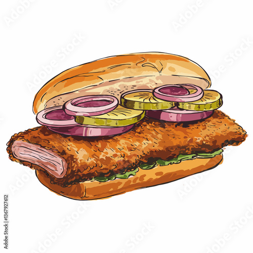 Watercolor Pork Tenderloin Sandwich with Pickles and Onions