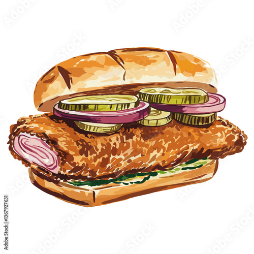 Watercolor Pork Tenderloin Sandwich with Pickles and Onions