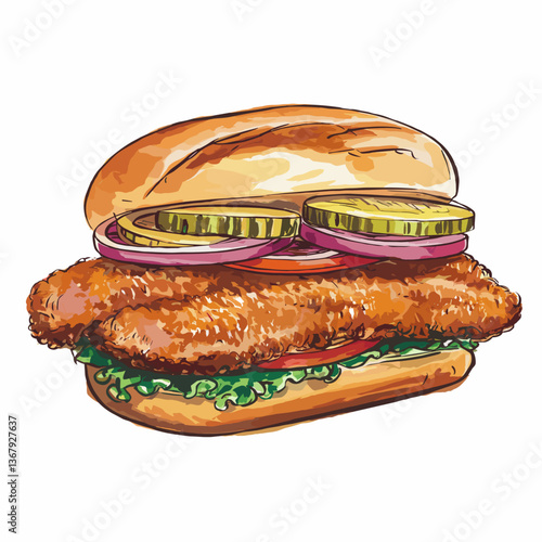 Watercolor Pork Tenderloin Sandwich with Pickles and Onions