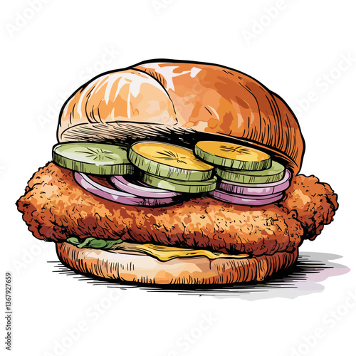 Watercolor Pork Tenderloin Sandwich with Pickles and Onions
