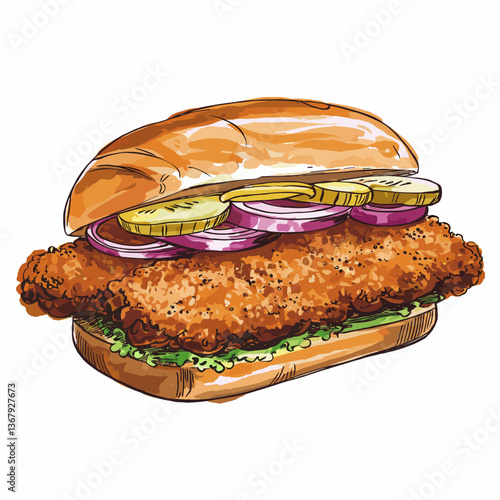 Watercolor Pork Tenderloin Sandwich with Pickles and Onions