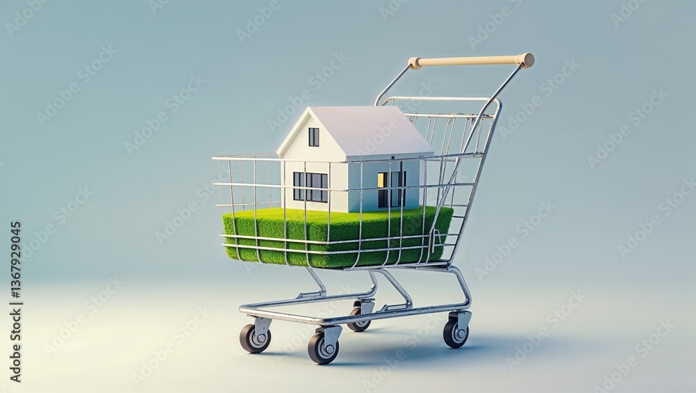 A miniature house on a patch of green grass inside a shopping cart on a light blue background scene A miniature house on a patch of green grass inside a shopping cart on a light blue background scene