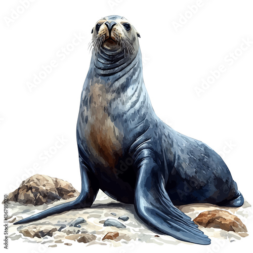 A watercolor of a sea lion, isolated on a white background. Sea lion vector.

