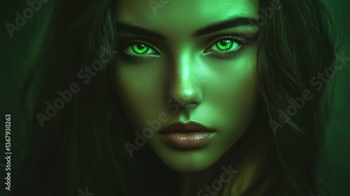 Wallpaper Mural Hyper-realistic portrait of a woman with emerald green eyes and a mysterious green glow Torontodigital.ca